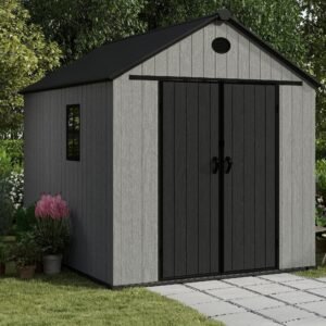 Pro Grade 6ft x 8ft Premium Plastic Double Door Garden Shed - Grey/Anthracite Wood Touch Texture